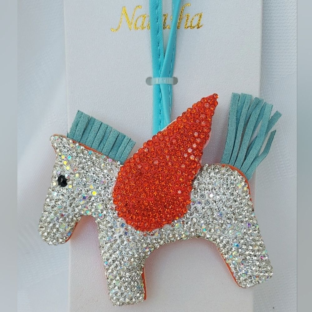 Pegusus Horse Reinstone Bag Charm/Keychain Accent with Orange Wings NWT